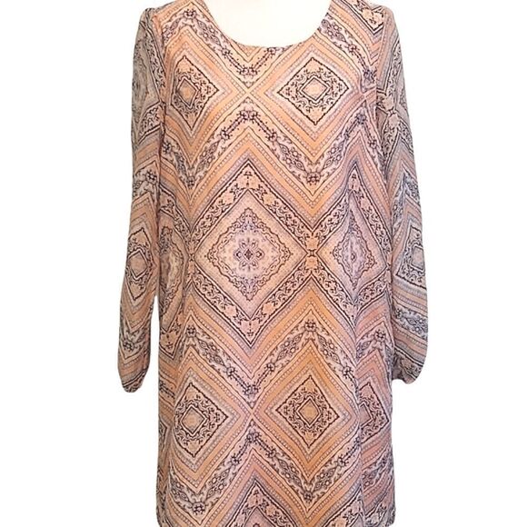 Charlotte Russe Peach/Brown/Blue Long Sleeve Semi Sheer Lined Dress L - Picture 1 of 6